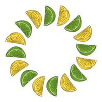Lemon and lime wedges Circle Frame border in trendy bright shades. Copy space Greeting card template. Isolated illustration Cover, posters, leaflets, banners, brochures, price tag, label or web vector