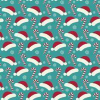 Striped Candy Cane, Santa hats and different sizes snowflakes Seamless pattern. Christmas background. Isolated illustration Wrapping or web, Thematic cards, posters, social media, web promos vector