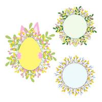 Egg shape with blossom twigs, hided bunny and circle frames with spring twigs. Lettering template Set of 3. Copy space. Isolated illustration Easter greeting cards, poster, leaflet promo or web vector