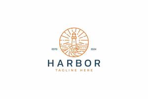 Harbor Lighthouse Guidance and Navigation Symbol Abstract Illustration with Ocean Wave Nature Logo Linear Badge vector