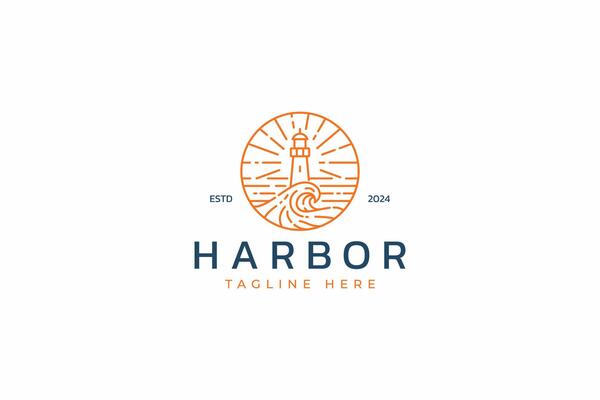 Harbor Lighthouse Guidance and Navigation Symbol Abstract Illustration with Ocean Wave Nature Logo Linear Badge
