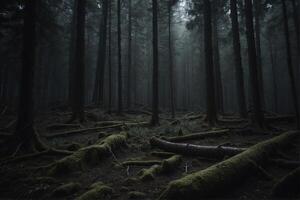 A tranquil dark forest shrouded in mist with moss-covered trees photo
