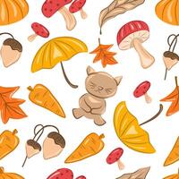 Seamless pattern of pumpkin, bear, umbrella, mushroom, acorn, carrot, maple leaf, and dry leaf with beautiful color on white background illustration for print or wrapping. Autumn seasonal. vector