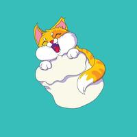 Cute orange cat Floating on Marshmallow Cloud with sky blue background. perfect for sticker. vector