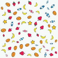 colorful pattern background with candies, fruits, nuts on white background. vector