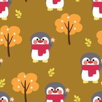 Seamless pattern cartoon penguin with autumn vibes. cute autumn fall wallpaper for fabric print, gift wrap paper vector