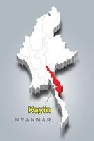Kayin state Myanmar location on Myanmar 3d map vector