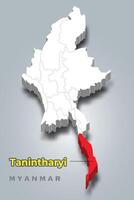 Tanintharyi state Myanmar location on Myanmar 3d map vector