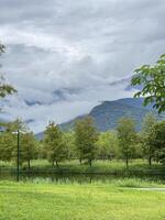 Tropical Mountain Scenery with Mist and Lush Greenery photo