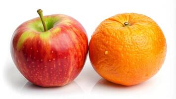 Oranges and red apple on white background photo