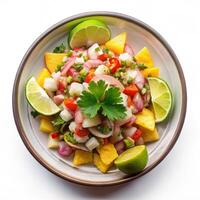 Bowl of tasty Pico de Gallo salsa and nachos on table, closeup photo
