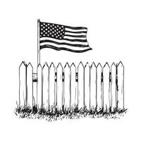 Black and White Stock Image of an American Flag on a Picket Fence Isolated on White Background vector
