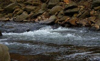 Rivulet on a small mountain river running between rocky shores photo