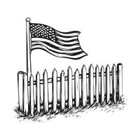 Black and White Stock Image of a Waving American Flag on a Picket Fence Isolated on White Background vector