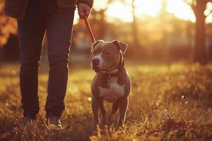 Pitbull dog interacting with its owner, showcasing a strong bond photo