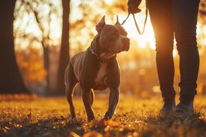 Pitbull dog interacting with its owner, showcasing a strong bond photo
