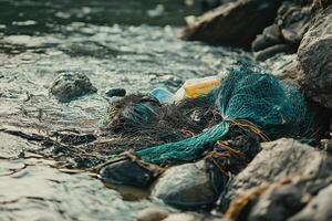 River pollution with plastic and fishing net photo