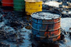 Toxic waste barrels in polluted wetlands photo