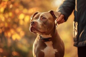 Pitbull dog interacting with its owner, showcasing a strong bond photo