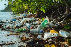 Polluted beach with plastic waste photo