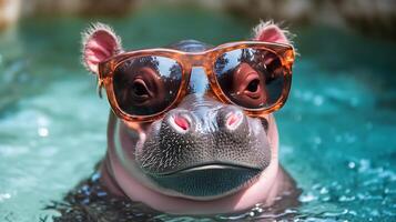 A close-up portrait of a hip and stylish hippopotamus wearing sunglasses while swimming in a pool photo