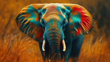 A majestic elephant stands tall in a field of golden grass, its skin adorned with vibrant splashes of turquoise photo