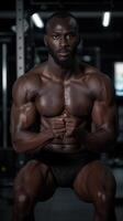 Black athletic trainer demonstrating a powerful squat in action. Fitness and strength training programs. photo