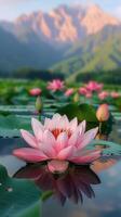 Close-up of a lotus flower on a tranquil lake with mountains. photo