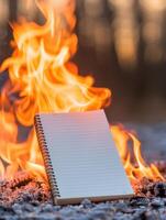 Flames engulf a spiral notebook on ashes. photo