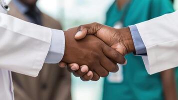 Medical professionals shaking hands in a hospital setting. photo
