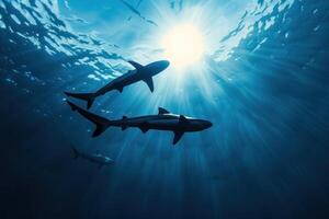 Silhouettes of blue sharks swimming beneath the ocean surface. Ideal for marine conservation campaigns or educational material. photo