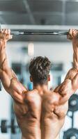 Muscular athlete lifting weights in a gym setting. photo