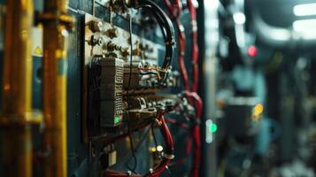 Engine room panel opened for maintenance inspection. Technical training or safety protocols. photo