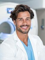 Young male radiologist analyzing an X-ray scan, blurred MRI machine in the background photo