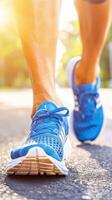 Close-up of runner's feet hitting pavement on sunny day. photo