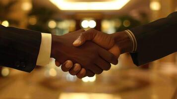 A close-up of two hands in a handshake. Business or partnership concepts. photo