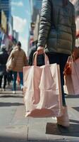 A shopper walks with a chic bag on a busy street. photo