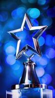 Close-up of a trophy with shining stars background. Celebrating achievements and success. photo