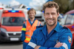 Portrait of a male EMT smiling in front of an ambulance scene. photo