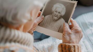 Elderly woman reflects on memories with vintage photograph. Themes of nostalgia and memory. photo