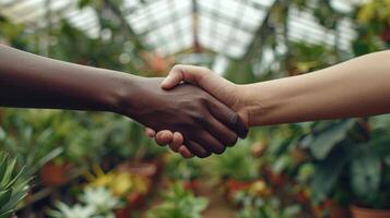 Handshake among greenhouse greenery represents unity and growth. photo