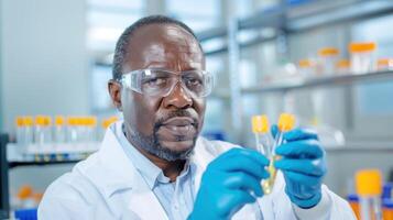 Close-up of male lab technician analyzing samples in a lab setting. photo