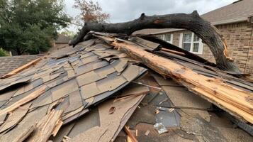 Fallen tree damaging roof after severe storm. Safety awareness in homeowners' insurance. photo