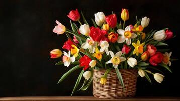 A basket overflowing with vibrant tulips and daffodils on black background. photo