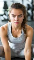 Focused workout routine person doing sit ups on gym mat photo
