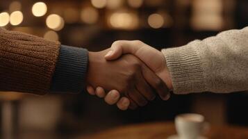 A detailed shot of a dark skin handshake in a casual setting, with a coffee shop or cafe softly blurred behind. photo