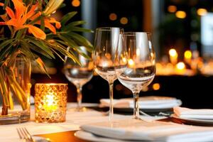 Sophisticated table setting at elegant corporate event venue. photo
