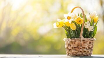 A basket overflowing with fresh tulips and daffodils. Spring decor and floral inspiration. photo