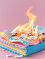 Vibrant notebook ablaze in a transformative blaze display. photo