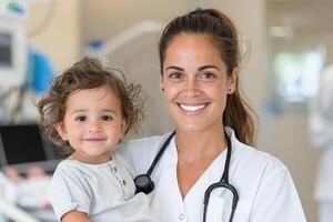 Pediatrician smiling with stethoscope and child in hospital. Healthcare and medical workplace promotions. photo
